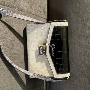 guess Croc-Embossed 3-Tone Crossbody Bag in Black and Off White & Grey strap